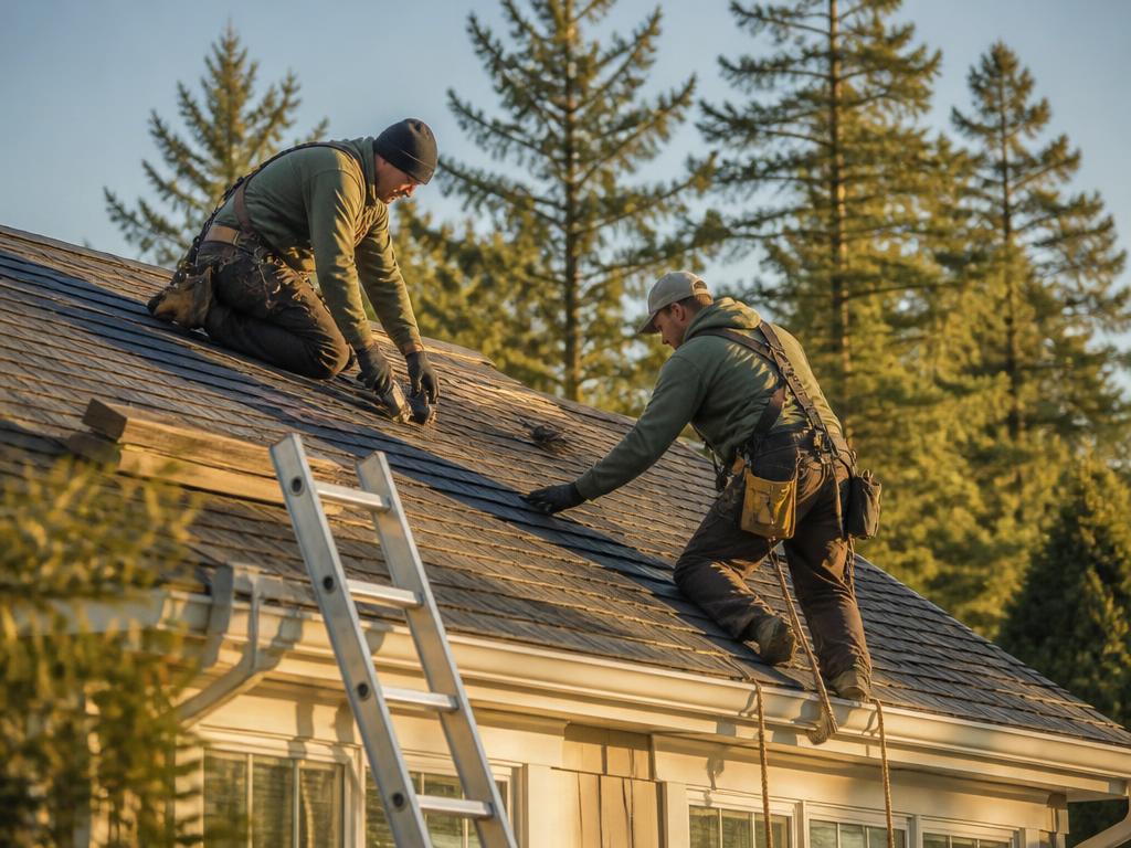 Two roofing contractors in safety harnesses working on a residential shingle roof
