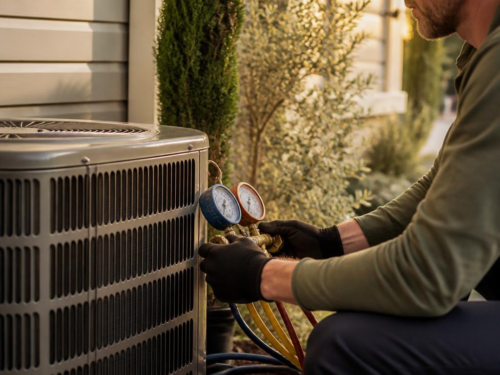 HVAC technician checking gauges on an outdoor air-conditioning condenser beside a home