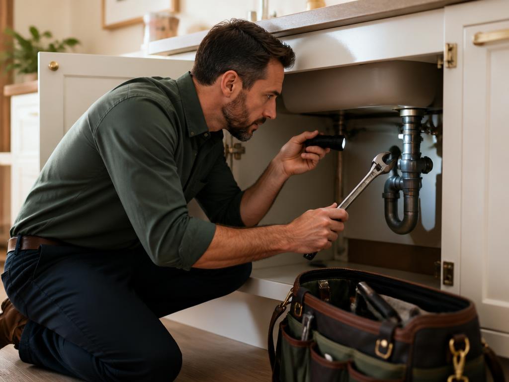 Plumber kneeling under a kitchen sink with a wrench and flashlight