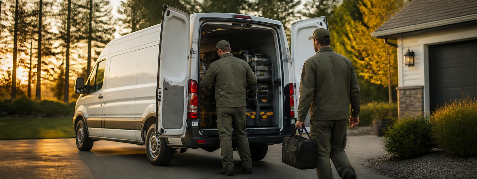 Two field-service technicians loading tools into a service van in a suburban driveway at golden hour